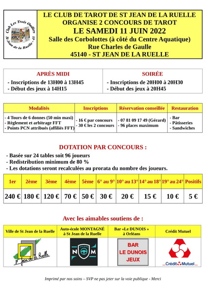 Concours de tarot  AM et SOIR a St Jean de la Ruelle Loiret  agglomeration d Orleans